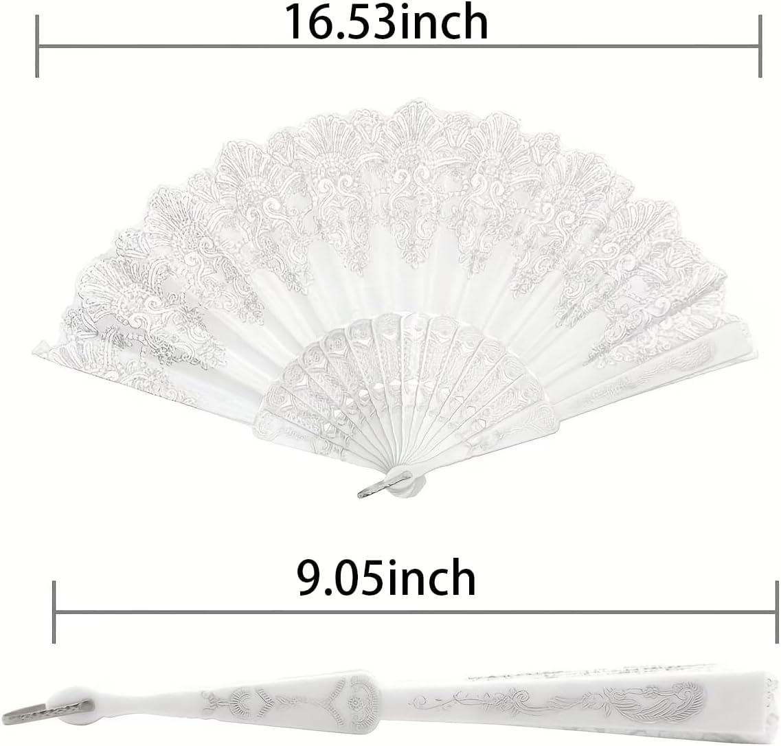 2PCS 9.05in White Lace Folding Hand Fan, Vintage Floral Handheld Fan for Wedding Bridal, Photo Prop, Party Dance, Decorative Cooling Fan,White