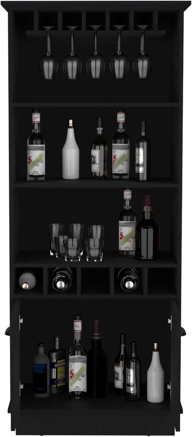 70-Inch High 10-Glass Bar Cabinet with 5 Cubbies and 3 Open Shelves and Cabinet ﻿,for Kitchen