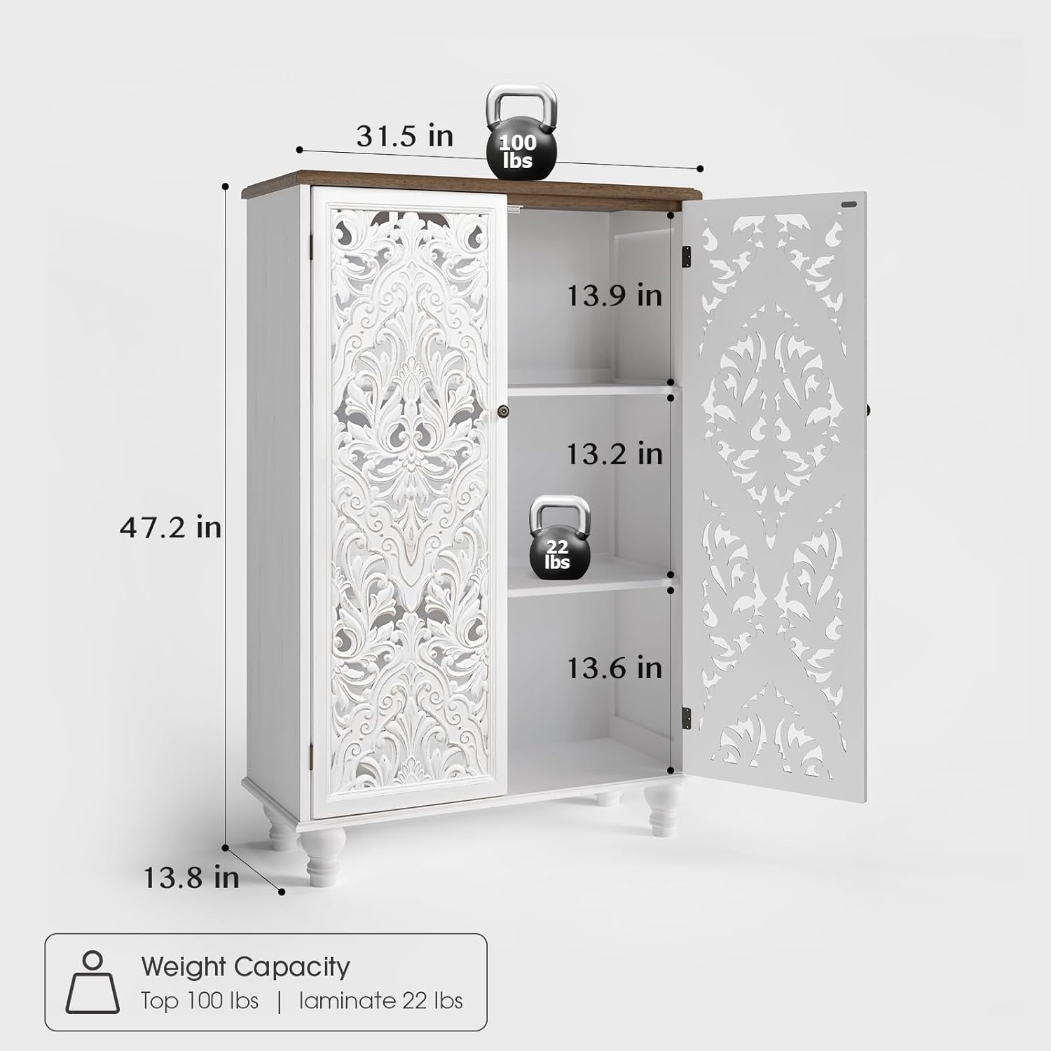 Accent Cabinet with Doors, 47" Tall Buffet Cabinet with Solid Wood Legs, Freestanding Sideboard for Living Room, Entryway, Dining Room, Bedroom, White