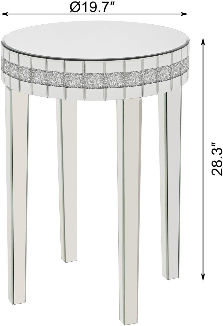 Round Mirror Accent Table with Crushed Diamond Edge Frame, 19.7" Mirrored End Table with Crystal Legs for Living Room Entryway, Small Space Side Table