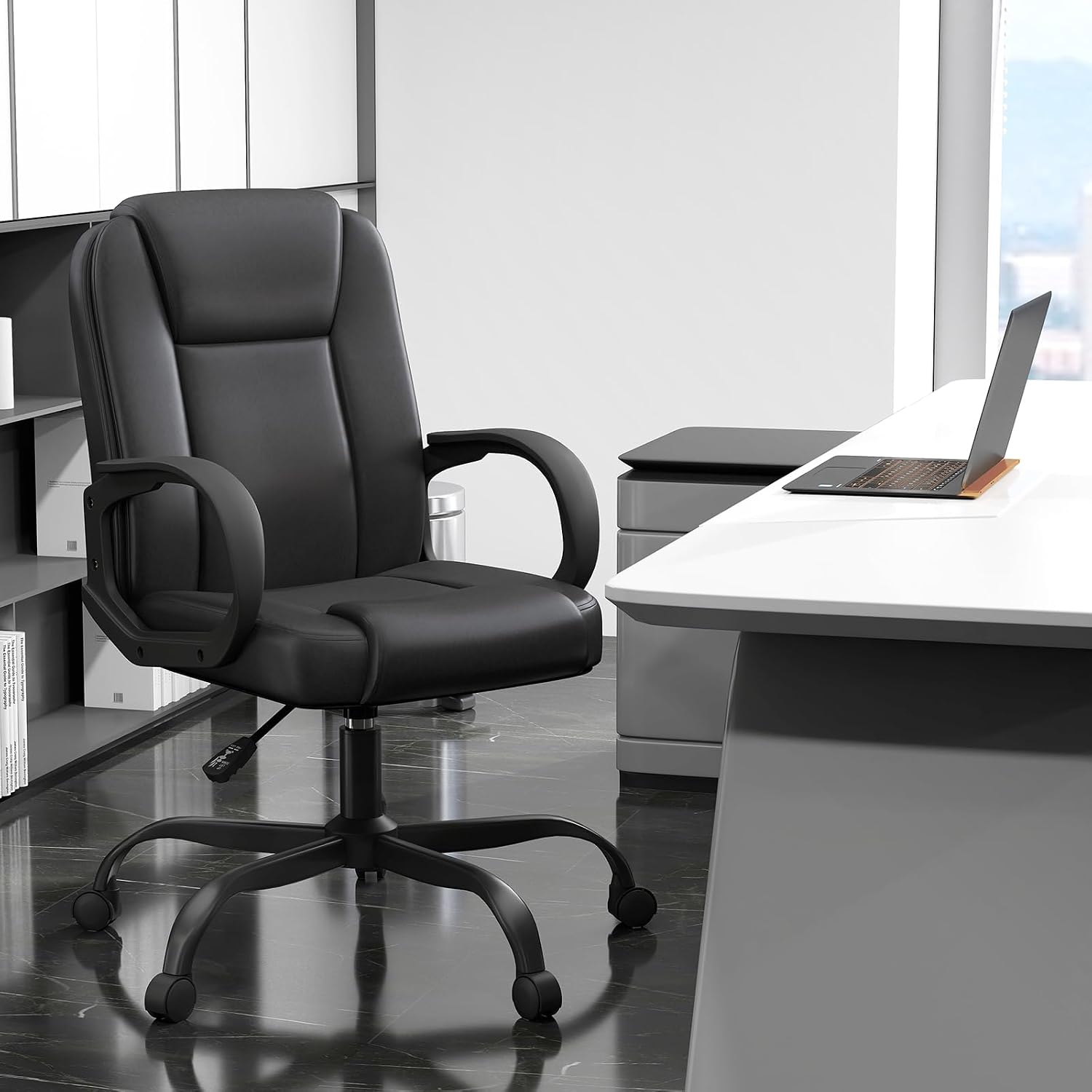 Executive Office Chair, Leather Desk Computer Chair with Armrests, Mid-Back Swivel Adjustable Ergonomic Design for Home Office, 10PC, Black