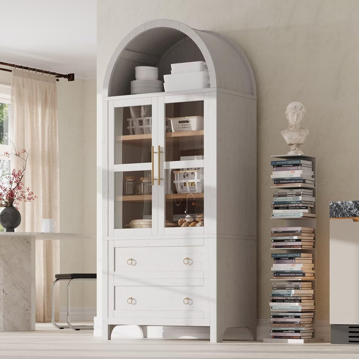 71" Tall Arched Kitchen Pantry Cabinet with 2 Large Drawers, Modern Farmhouse Kitchen Storage Cabinets with Adjustable Shelves, Glass Door, Wood Versatile Cupboard for Kitchens, Dining Room, White