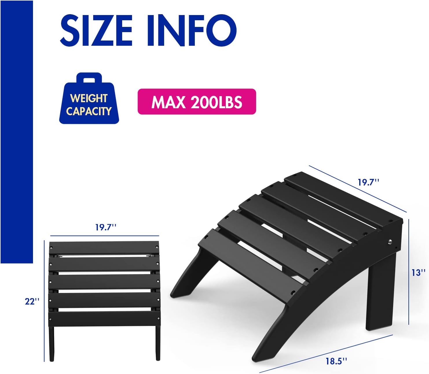 Briopaws Folding Adirondack Ottoman, 19.7W x 18.5L x 13H Inch, HDPE All Weather Adirondack Chair Footrest, Plastic Footstool for Deck Backyard Patio Outdoor Poolside Porch Lawn Indoor, Black