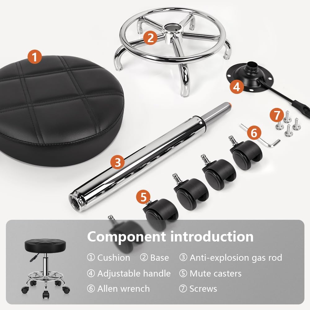 KKTONER Round Rolling Stool Chair PU Leather Height Adjustable Swivel Drafting Work SPA Shop Medical Salon Stools with Wheels Office Chair Small (Black)