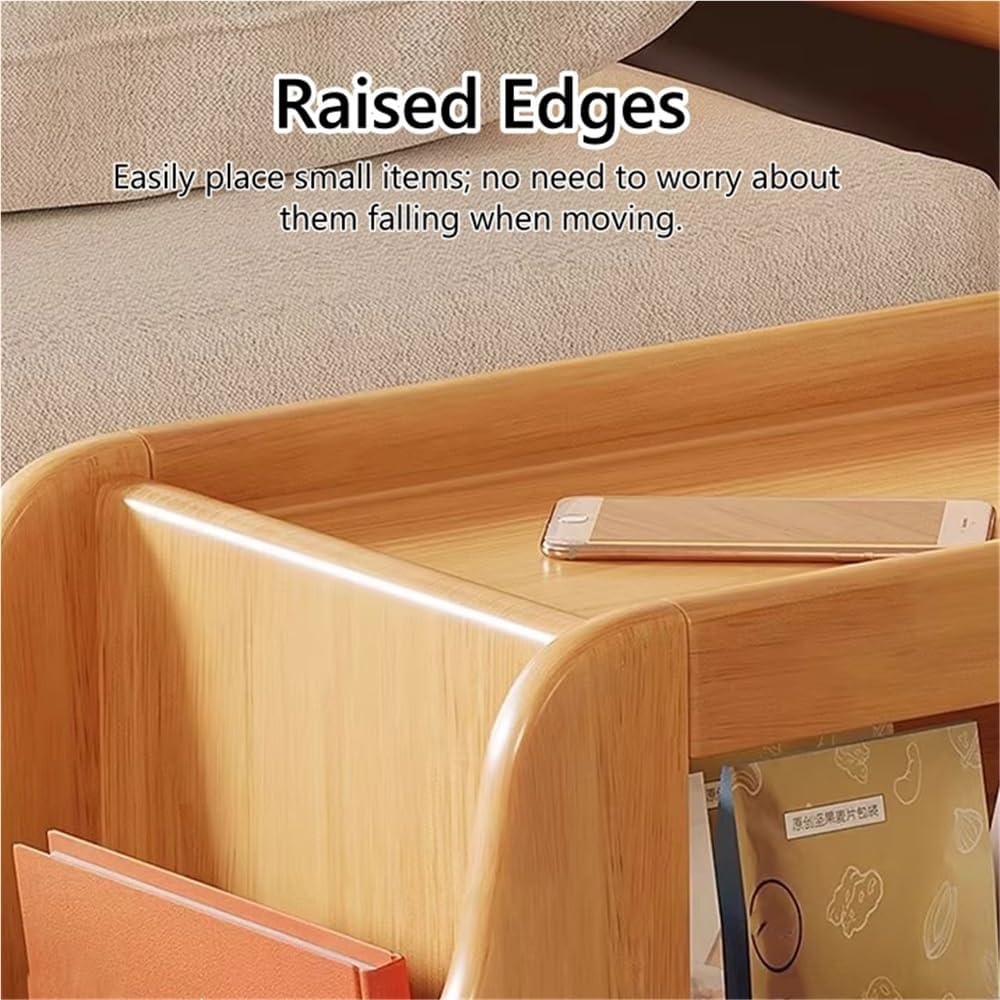 Movable Wood Side Tables with Casters, Rolling Table with Storage, Living Room End Tables with Magazine Rack, Multi-Functional Tables for Kitchen, Bedroom, Sofa Side(Natural)