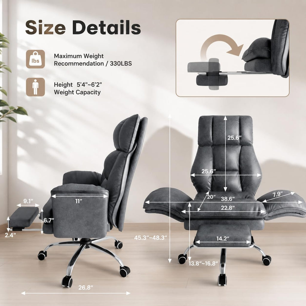 Big and Tall Office Chair with Footrest, Teddy Fleece Ergonomic Desk Chair with Flip Armrests for Pets & Cross-Legged Sitting, Wide Seat Reclining Executive Computer Chair for Home Office, Grey