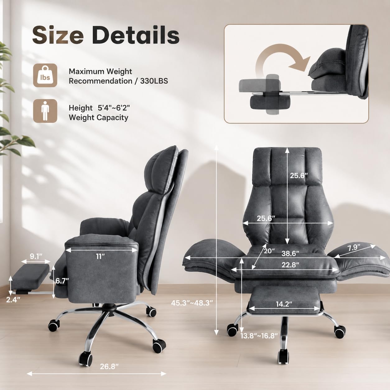 Big and Tall Office Chair with Footrest, Teddy Fleece Ergonomic Desk Chair with Flip Armrests for Pets & Cross-Legged Sitting, Wide Seat Reclining Executive Computer Chair for Home Office, Grey