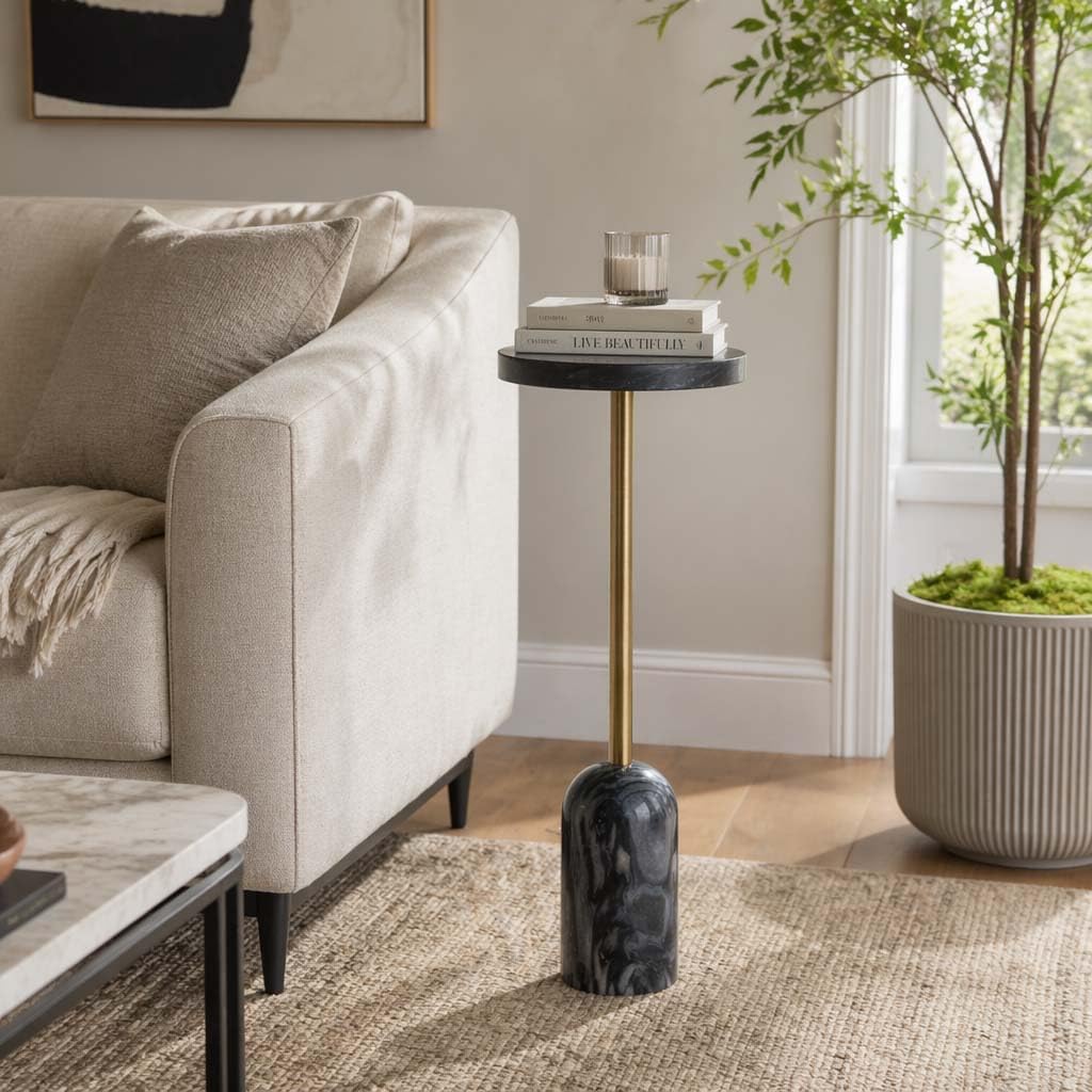 Home Decor End Table, Side Table, or Small Night Stand - Slim Bedside Table with Marble Pedestal for Office, Bedroom, or Living Room - Minimalist Modern Accent Table for Small Spaces - 27" Gray & Gold