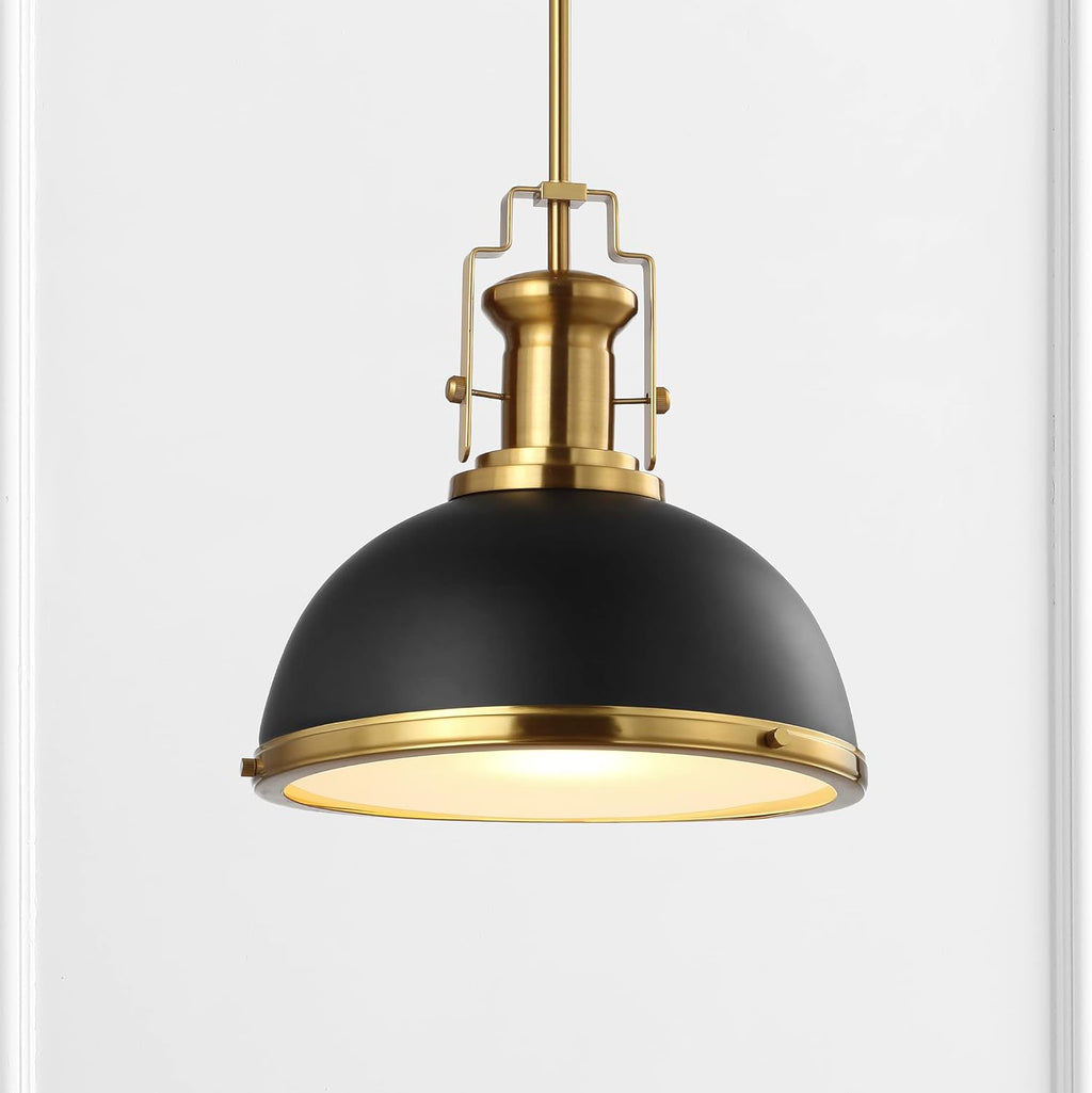 JONATHAN Y 13" Black/Brass Gold Modern Industrial Iron LED Dome Pendant Light, Adjustable Hanging Fixture for Kitchen Island or Entryway, Black Metal Shade, LED Bulb Included (JYL9536A)