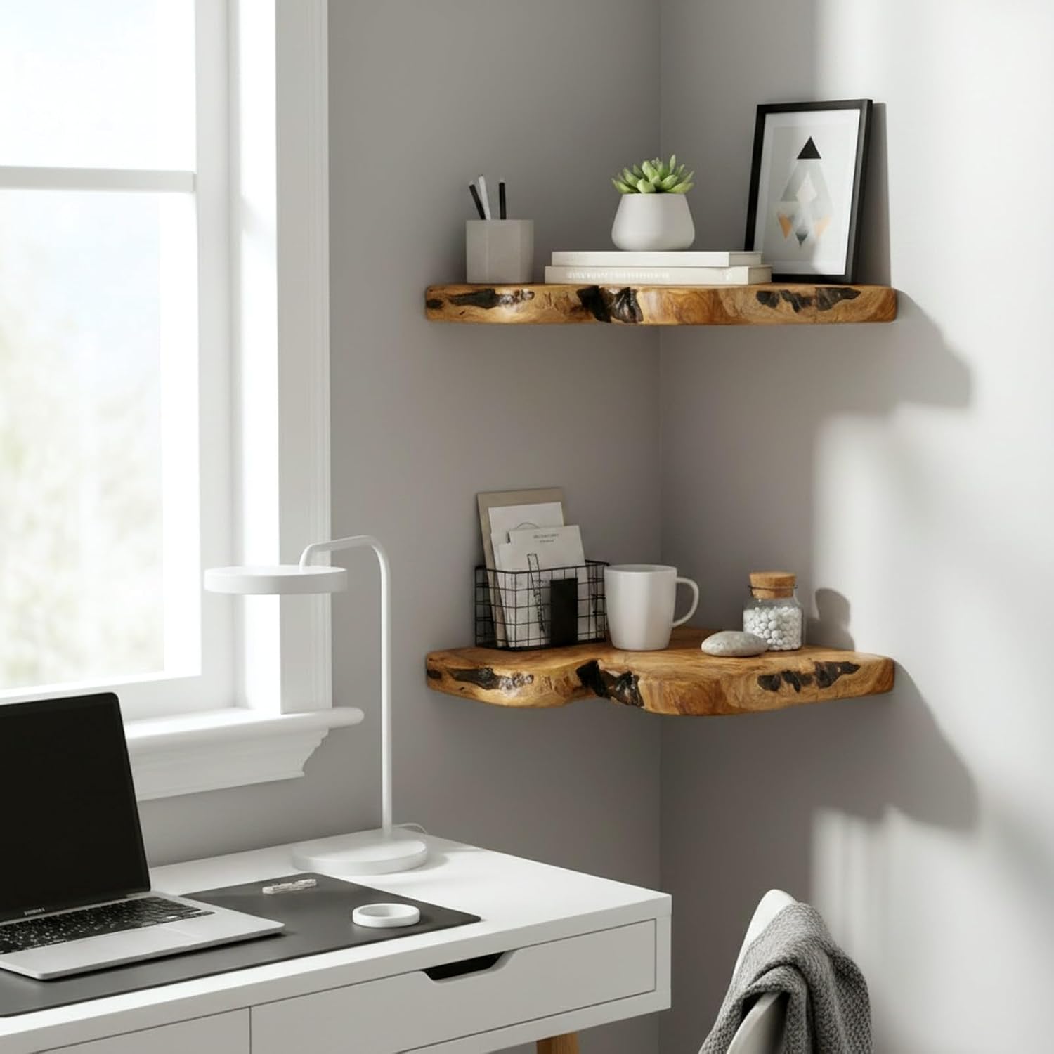 WELLAND Floating Corner Shelf Set of 2 Wall Mounted, 10.86 x 11.5 Inches for Living Room, Bedroom Bathroom, Rustic Space-Saving Corner Storage Shelf for Home Decor and Organization