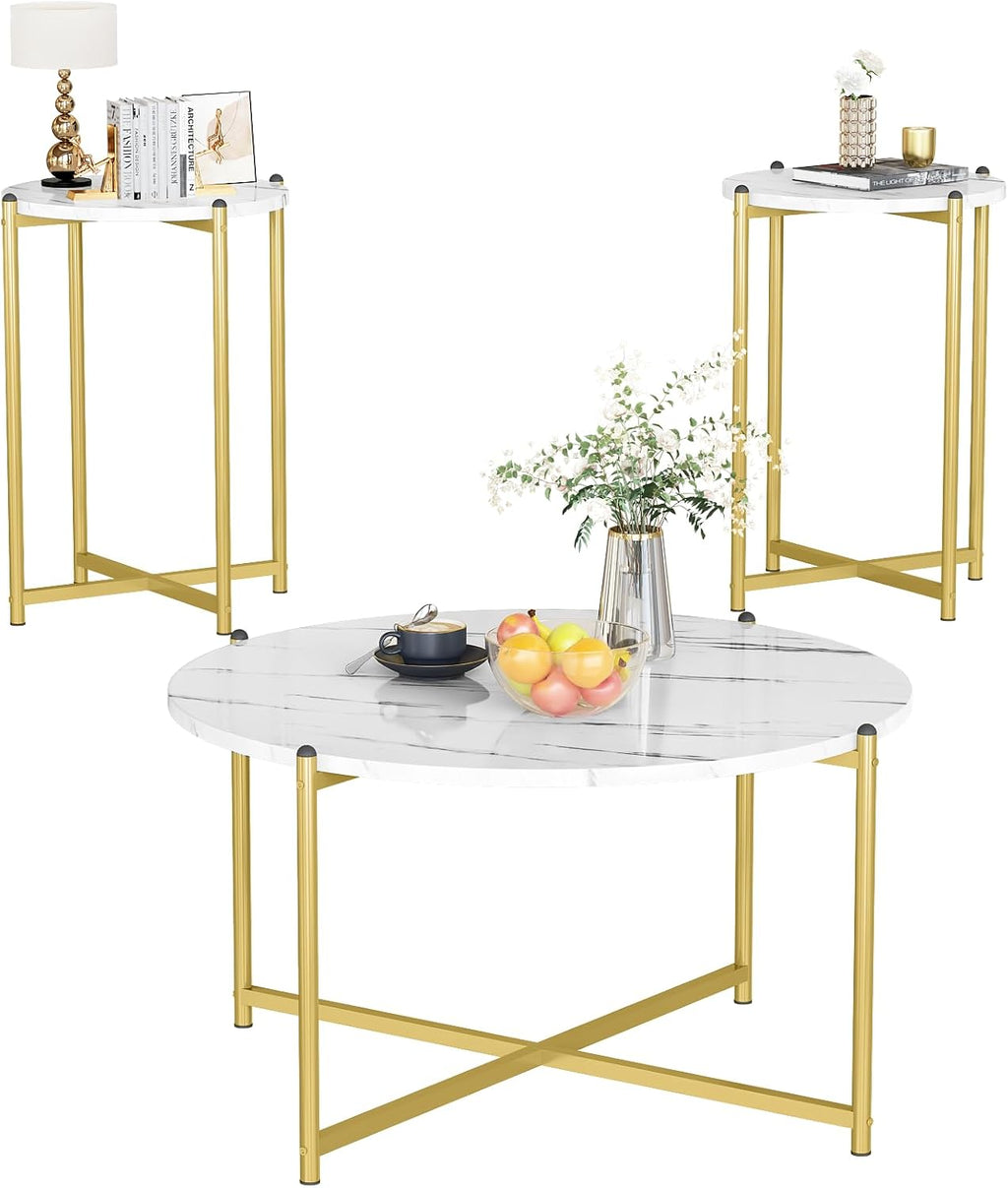 AWQM Faux Marble Coffee Table Set of 3, 1 Coffee Table & 2 Sofa Table, Round Tabletop and Metal Cross Base Frame,Perfect for Living Room Apartment, White