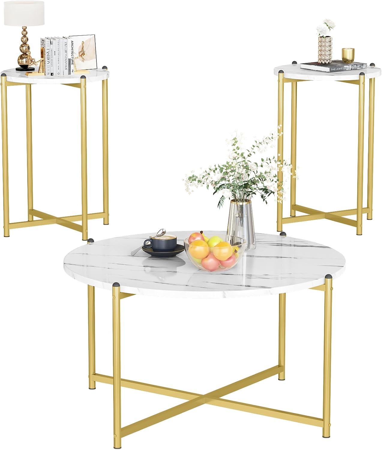 AWQM Faux Marble Coffee Table Set of 3, 1 Coffee Table & 2 Sofa Table, Round Tabletop and Metal Cross Base Frame,Perfect for Living Room Apartment, White