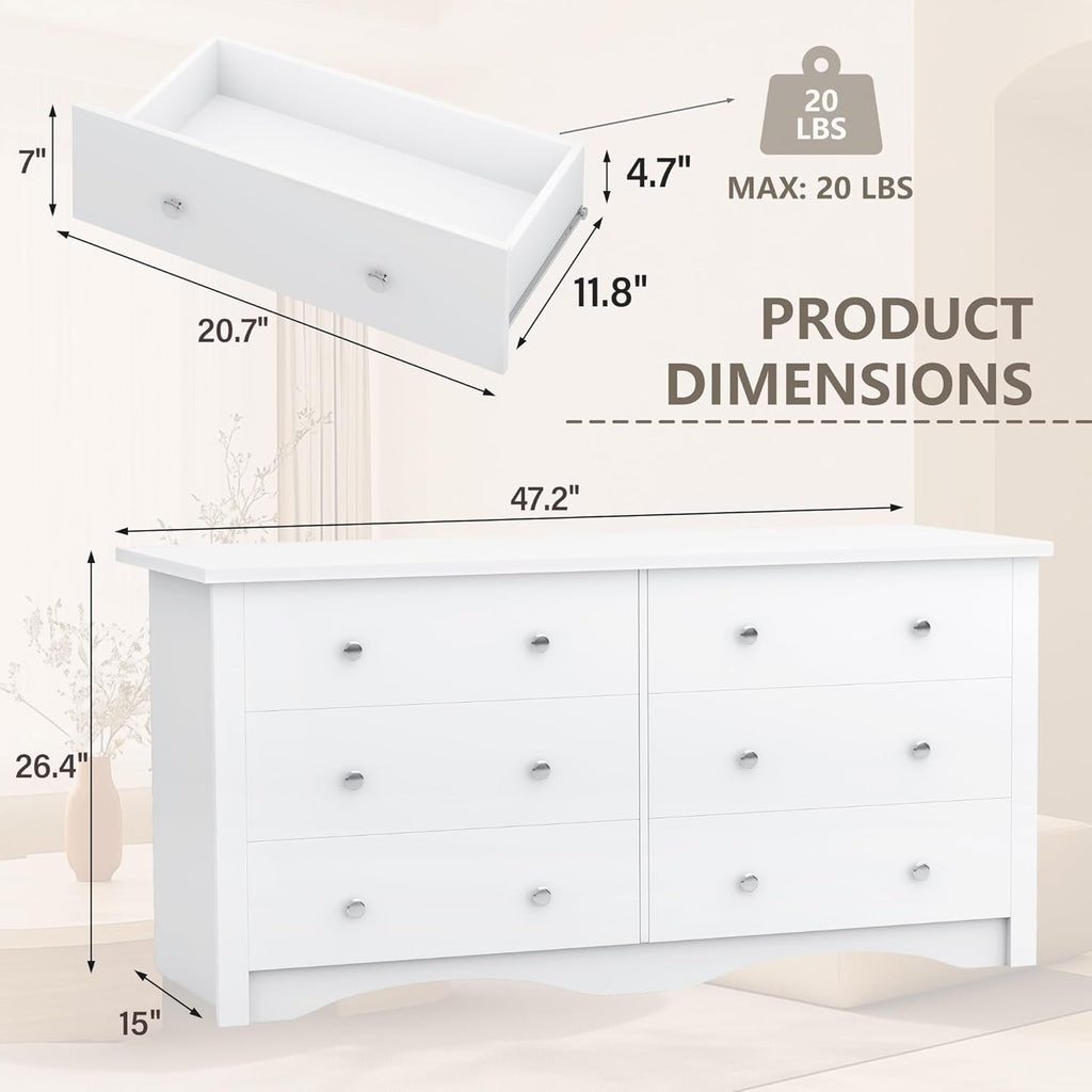 YESHOMY Dresser for Bedroom with 6 Drawer, 47.2" TV Stand, Organizer Drawers for Bedroom, Living, Hallway (Light White)