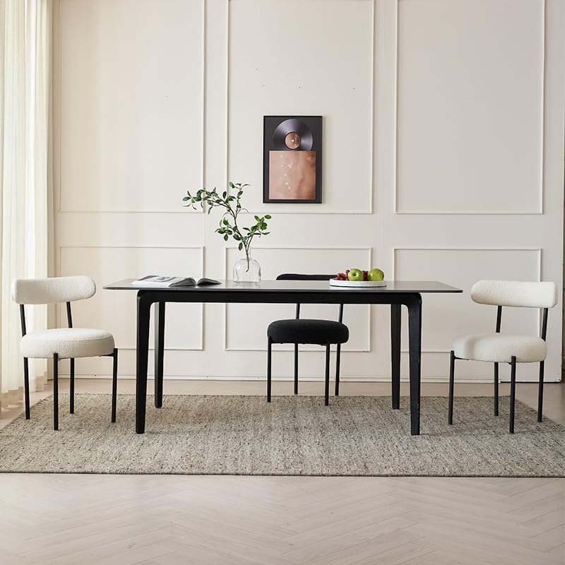Dining Chairs Set of 2, Boucle Upholstered Modern Mid Century Round Kitchen Chairs with Curved Backrest & Metal Legs for Vanity, Living Room (White-1)