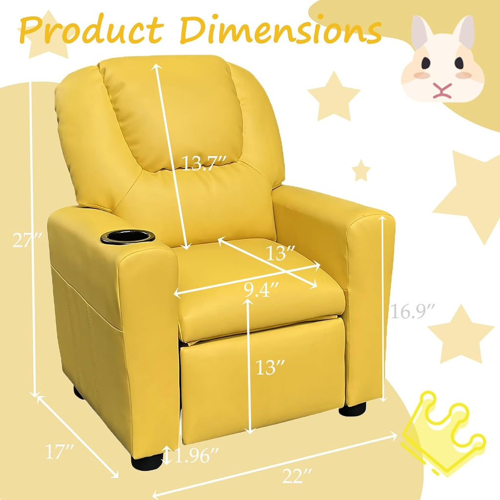 Kids Recliner Chair w/ Cup Holder, Toddler Recliner Chair Ages 1-4, 2-in-1 PU Leather Single Sofa for Boys/Girls, Kids Lazy Boy Chairs, Upholstered Armchair, Adjustable Backrest & Footrest (Yellow)
