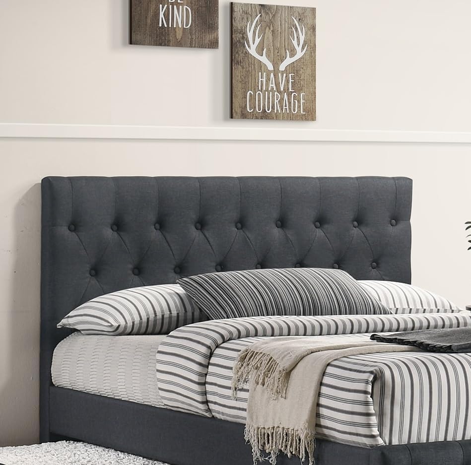 Contemporary Full Size Bed w, Trundle Slats Charcoal Burlap Upholstered Button Tufted Headboard Footboard Youth Bedroom Furniture Wooden Slats 1pc Bed