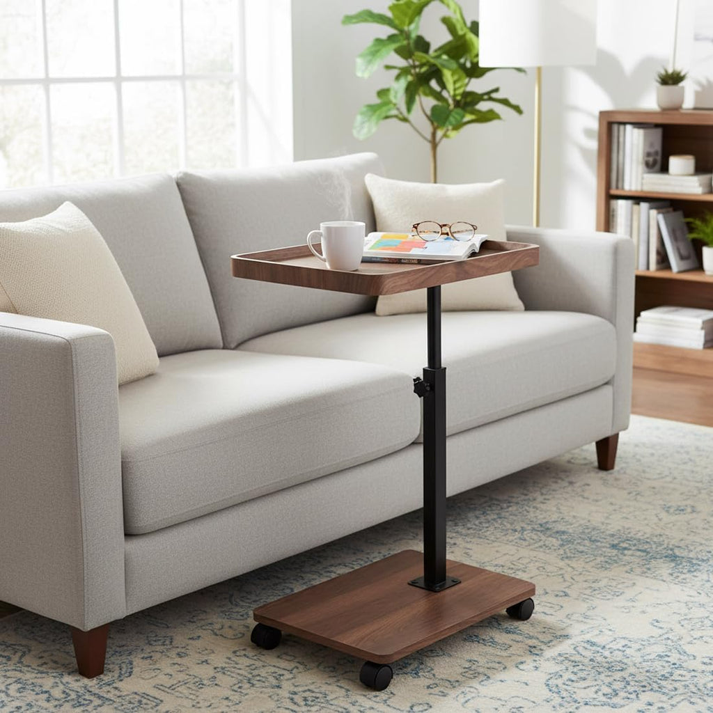 C Shaped End Table Adjustable Height, 360°Swivel TV Tray Table, Walnut Brown Movable Side Table with Sliding Wheels for Living Room, Bedroom, Couch, Bed, Chair, Snack