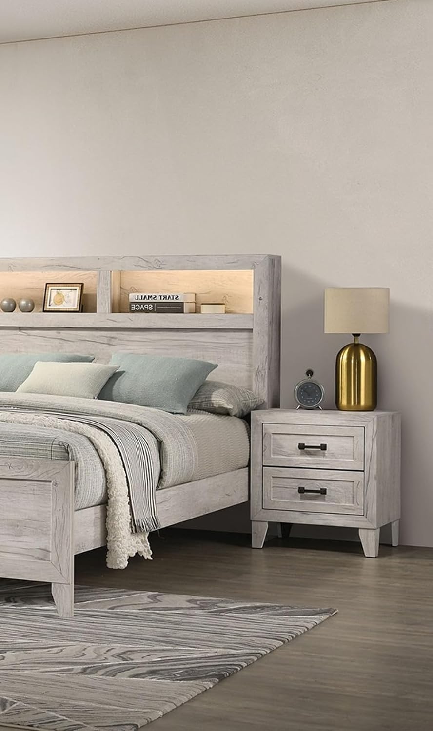 Bedside Table White Wash Finish Striking Elegant 1pc Nightstand Contemporary Style Black Bar Pull 2-Drawers,for Small Spaces