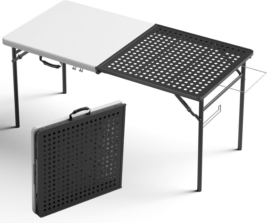 5FT Folding Table Portable Picnic Table with Metal Grid Grilling Surface, Foldable Camping Table Food Prep Station for BBQ, Patio & Beach