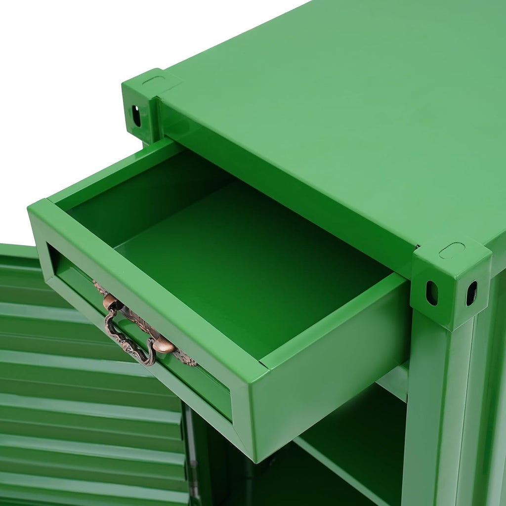 Industrial Metal Container Side Table, 3-Tier End Tables with Drawers, Bedside Table, Container Style Locker Wrought, Retro Style Metal Container Cabinet for Bar/Bedroom/Garage (Green)