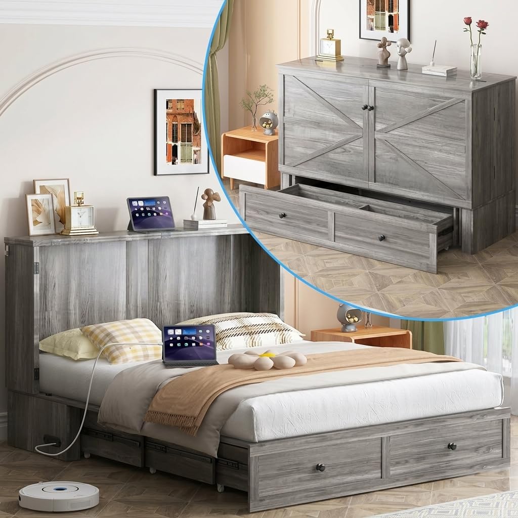 Mjkone Murphy Bed Cabinet Queen with Tri-fold Mattress, Murphy Chest Bed with Built-in Charging Station & 2 Storage Drawers, Guest Cabinet Beds Cube Chest Beds for Bedroom, Grey