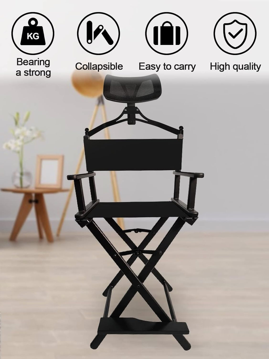 Lorvain Folable Makeup Artist Stool, Portable Tall Folding Director's Chair, Aluminum Makeup Chair with Head Rest for Studio Salon Vanity, Bar Height - Black
