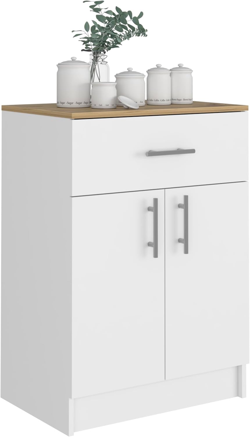 Modern Kitchen Pantry, Storage Cabinet with 1 Drawer, Particle Board, White + Light Oak, for Dining Room, Easy to Clean
