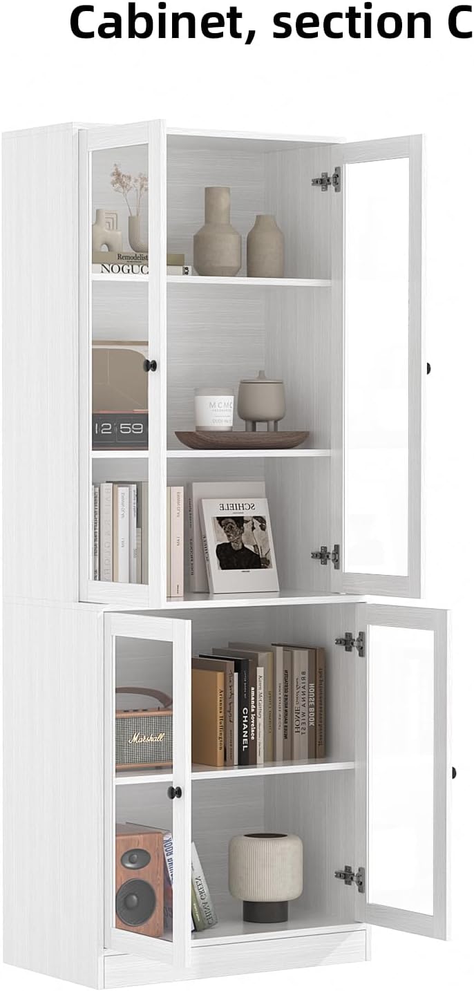 TUSY VOWNER 71'' Tall Pantry Cabinet, Kitchen Hutch Storage Cabinet, Buffet Hutch, China Cabinet with Glass Doors, 5-Tier Storage Cabinets for Dining Room, Kitchen, Living Room (White)