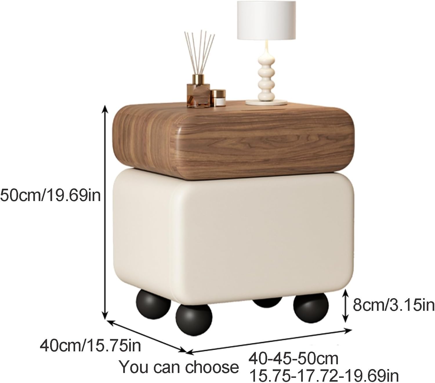Stylish Rotatable Solid Wood Bedside Table Double Drawers Storage Cabinet with Rounded Corners Ball Feet for Living Room Creative idea(Brown Khaki,40 cm)