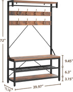 Amyove Large Coat Rack Shoe Bench Hall Tree Shoe Rack for Entryway 3-Tier Storage Shelf and Hooks Removable Industrial Accent Furniture Metal Frame 39.9"x15.7"x72"