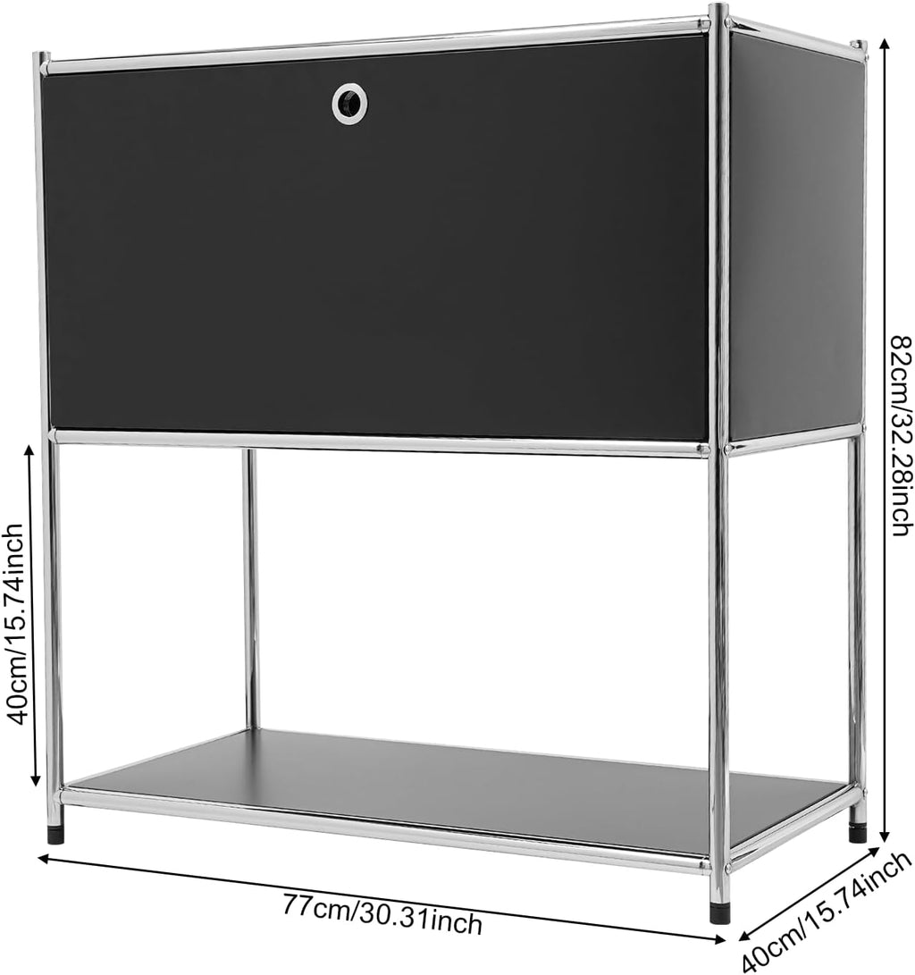 Modern Metal Side Table with Drop-Door & Open Shelf, 27.5" Height Silver & Orange Storage Cabinet for Living Room, Bedroom, Office - Nightstand, Bookshelf, for Small Spaces, Apartments & Dorms(Black)