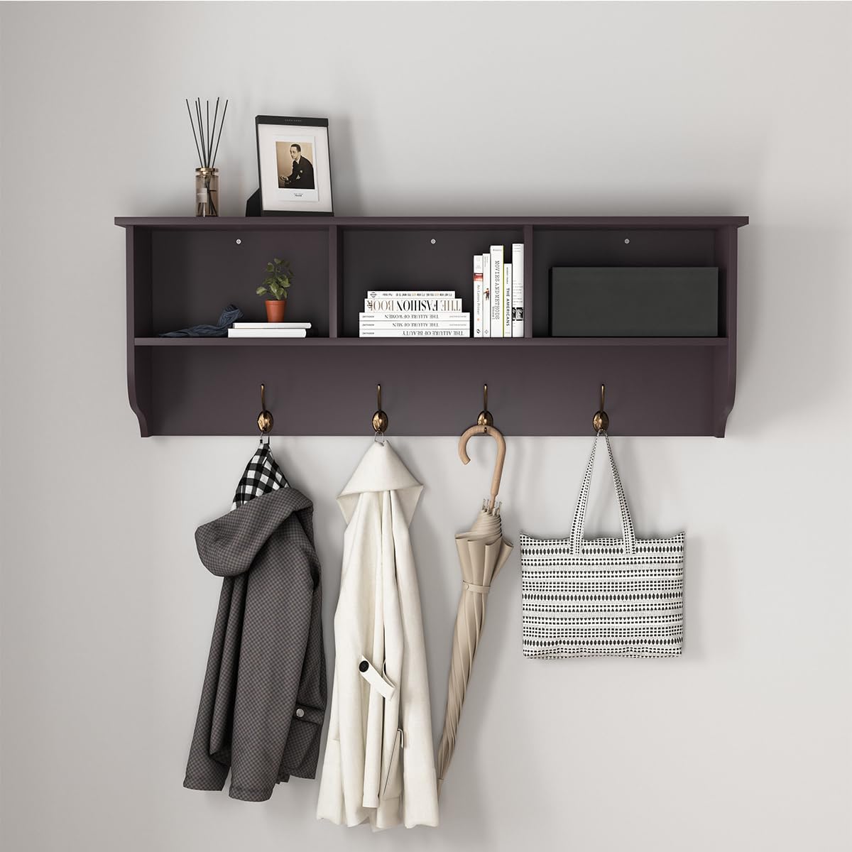 38.6inch Wall Mounted Entryway Coat Rack with Storage Shelf 4 Dual Hooks Wooden Storage Living Room Wall Cabinet with 3 Cubbies Space Saving Hanging Shelf for Hats Bags Coats (Espresso)
