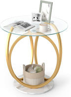Giantex Round End Table, Faux Marble Sofa Couch Side Table with Tempered Glass Tabletop & Ring Gold Metal Frame, Small Coffee Tables for Decoration, Bedside Night Stand for Bedroom Living Room