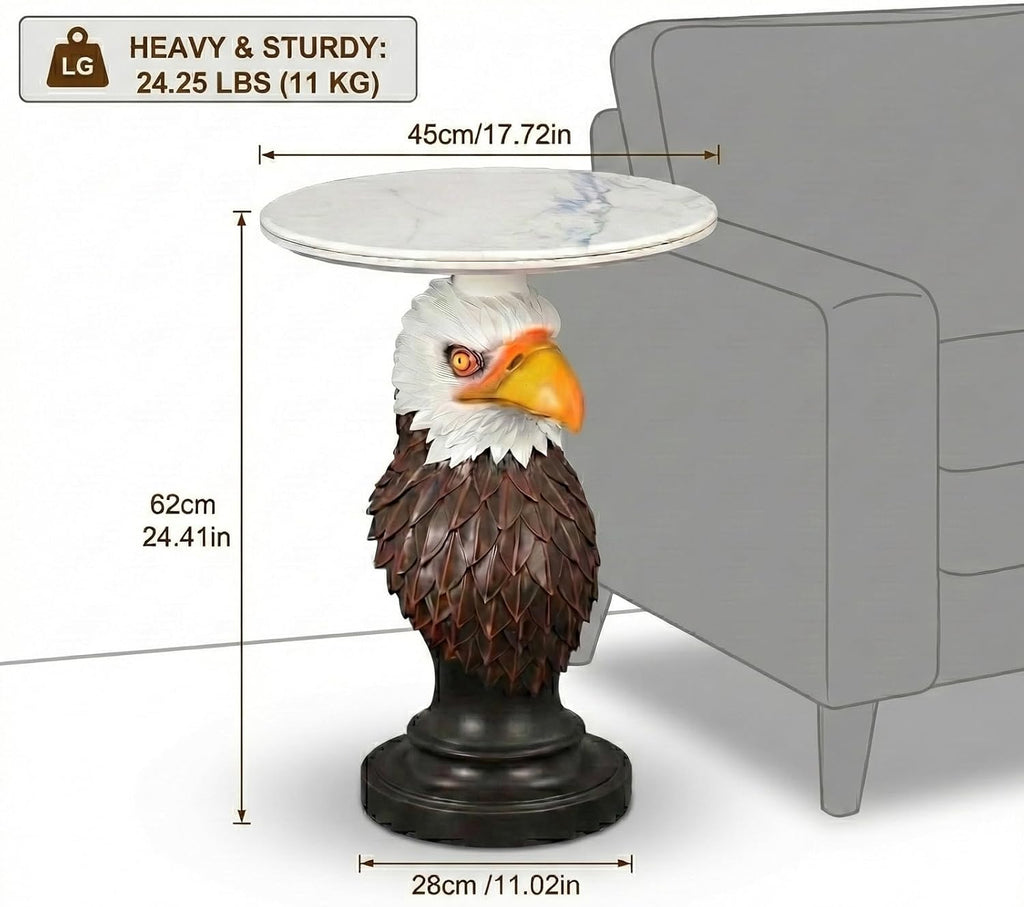 Animal End Tables, Eagle Head Accent Table with Artificial Marble Top, Resin Animal Statue Side Table for Living Room, Bedroom, Man Cave, Home Bar