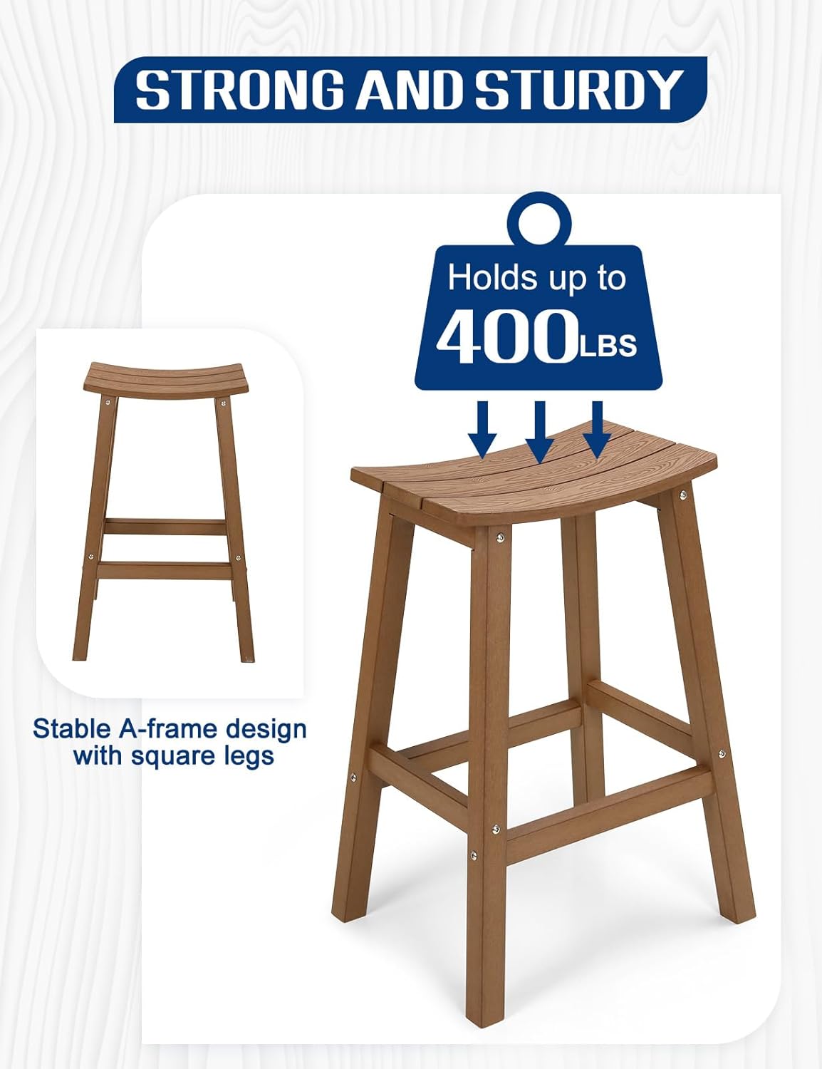 Weatherproof Bar Stools Set of 2, 28" Height Outdoor Bar Stools Holds up to 400 lbs, Saddle Seat, Bar Height Stools for Patio, Garden, and Kitchen Island, Teak
