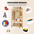 Bamboo Open Wardrobes with Wheels,Stable Clothes Rail with Rod and 2 Storage Shelves,for Hanging Clothes,Clothes Rack for Bedroom Entryway Bathroom Office,43/63/83/98 * 34 * 160cm
