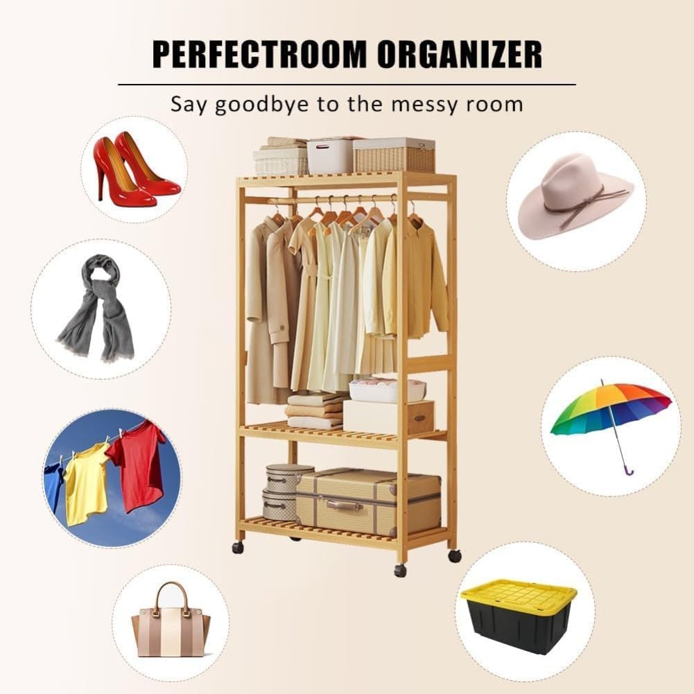 Bamboo Open Wardrobes with Wheels,Stable Clothes Rail with Rod and 2 Storage Shelves,for Hanging Clothes,Clothes Rack for Bedroom Entryway Bathroom Office,43/63/83/98 * 34 * 160cm