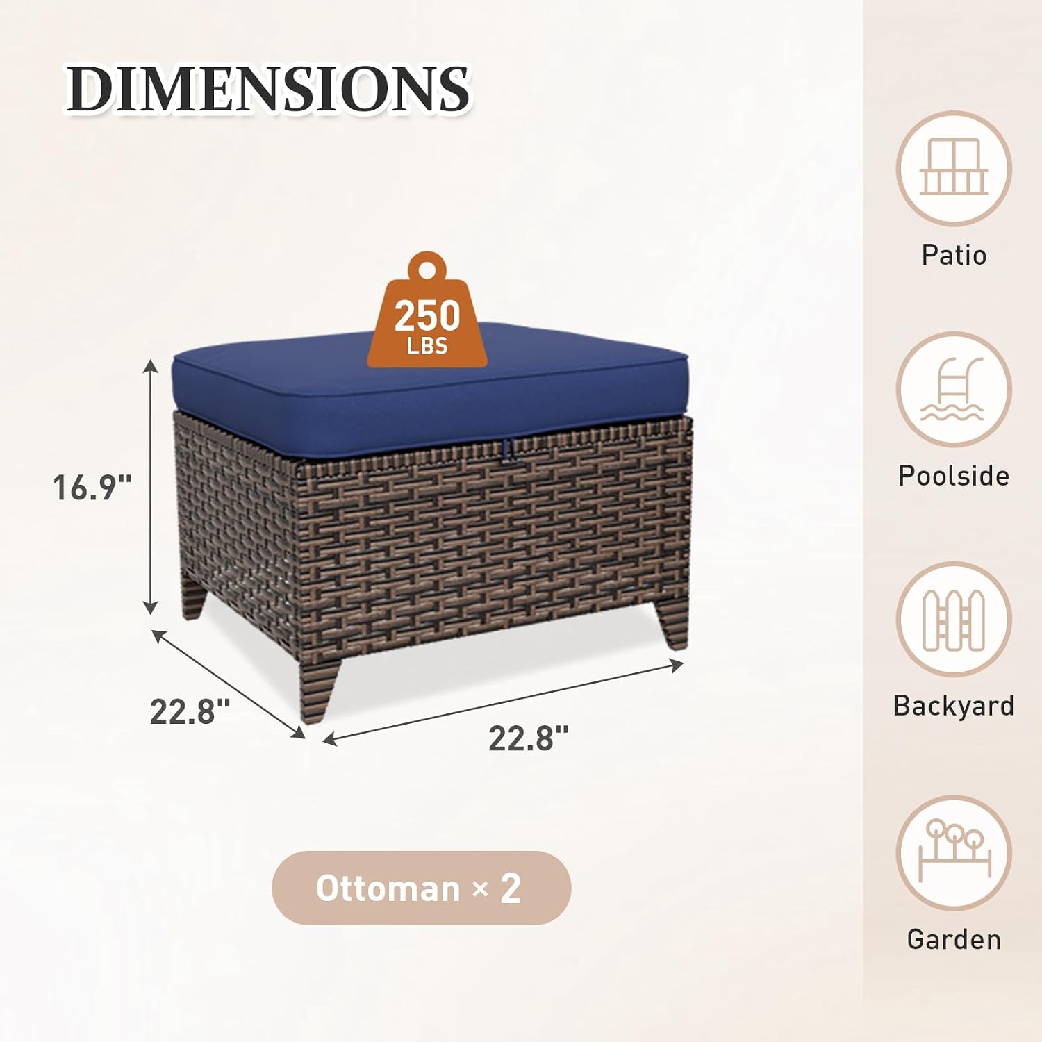 Canyon Ridge Wicker Outdoor Ottomans Set of 2, Patio Ottoman Foot Rest for Couch with Removable Cushions for Patio, Deck, Backyard and Poolside, Brown/Blue