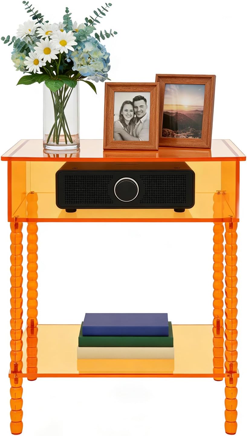 Acrylic Side Table, End Table with Storage, Nightstand for Living Room Bedroom (Orange)