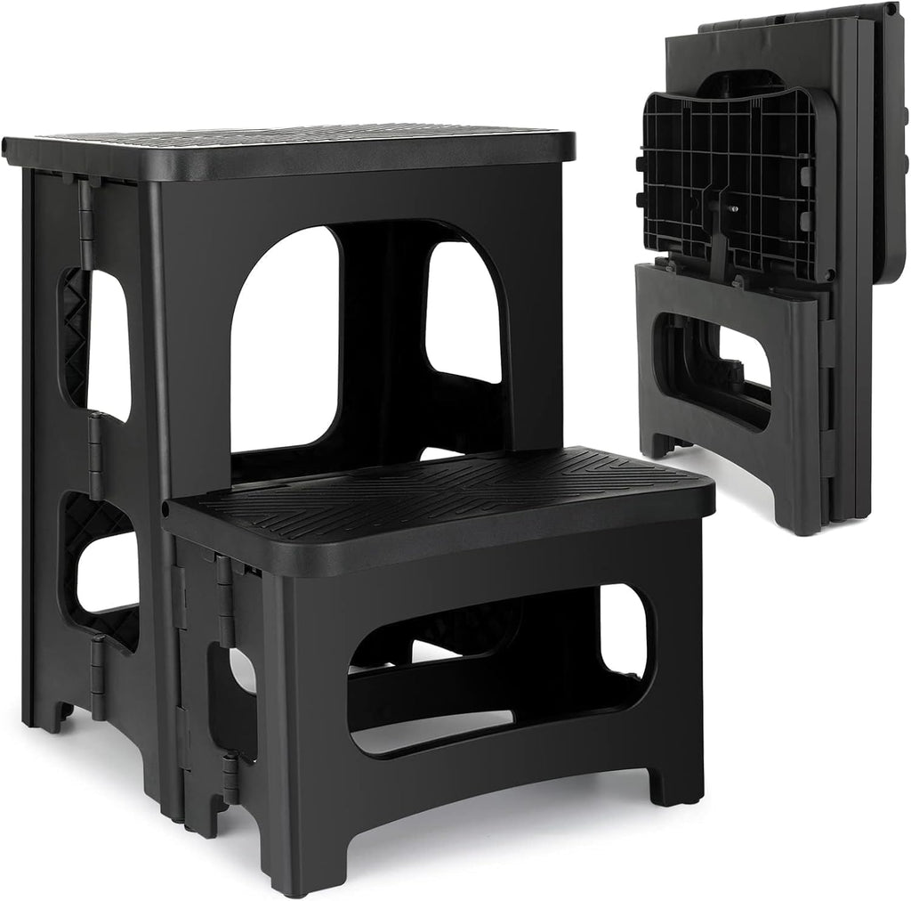 2 Step Folding Stool Non Slip Foldable Step Stool 8 and 17 Inch Dual Height330 lb Capacity Portable Foot Stool for Kitchen Bathroom Black