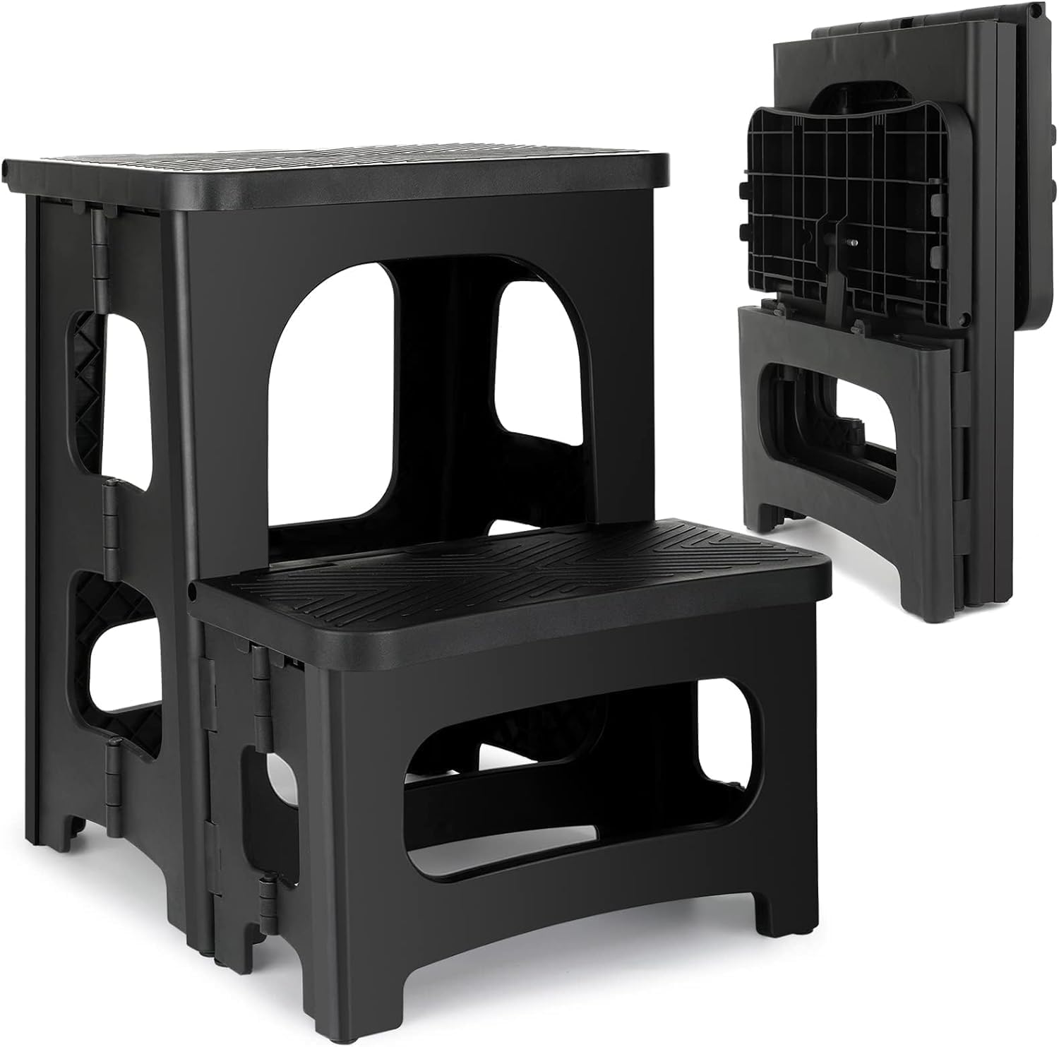 2 Step Folding Stool Non Slip Foldable Step Stool 8 and 17 Inch Dual Height330 lb Capacity Portable Foot Stool for Kitchen Bathroom Black