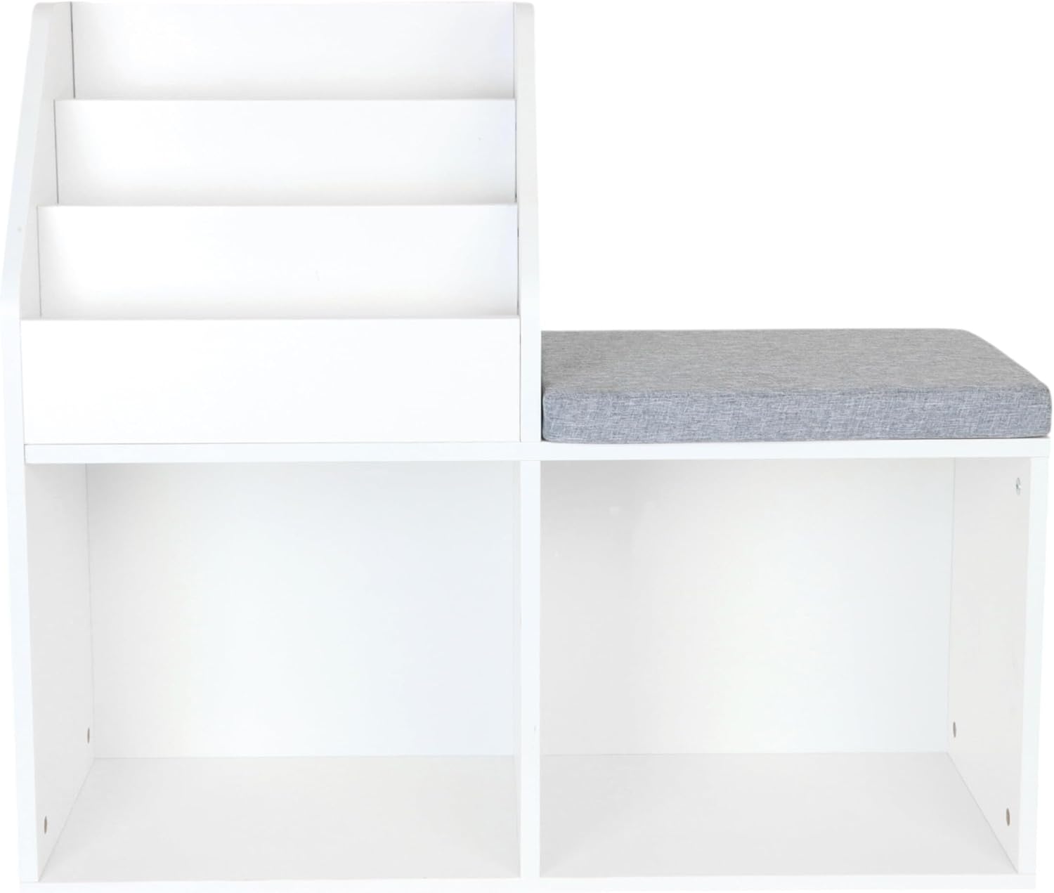 Relaxdays children's bench with storage, HWD: 72 x 79 x 31 cm, 2 foldable boxes, bookshelf, padded seat, white/grey, Fibreboard, Polyester, Foam