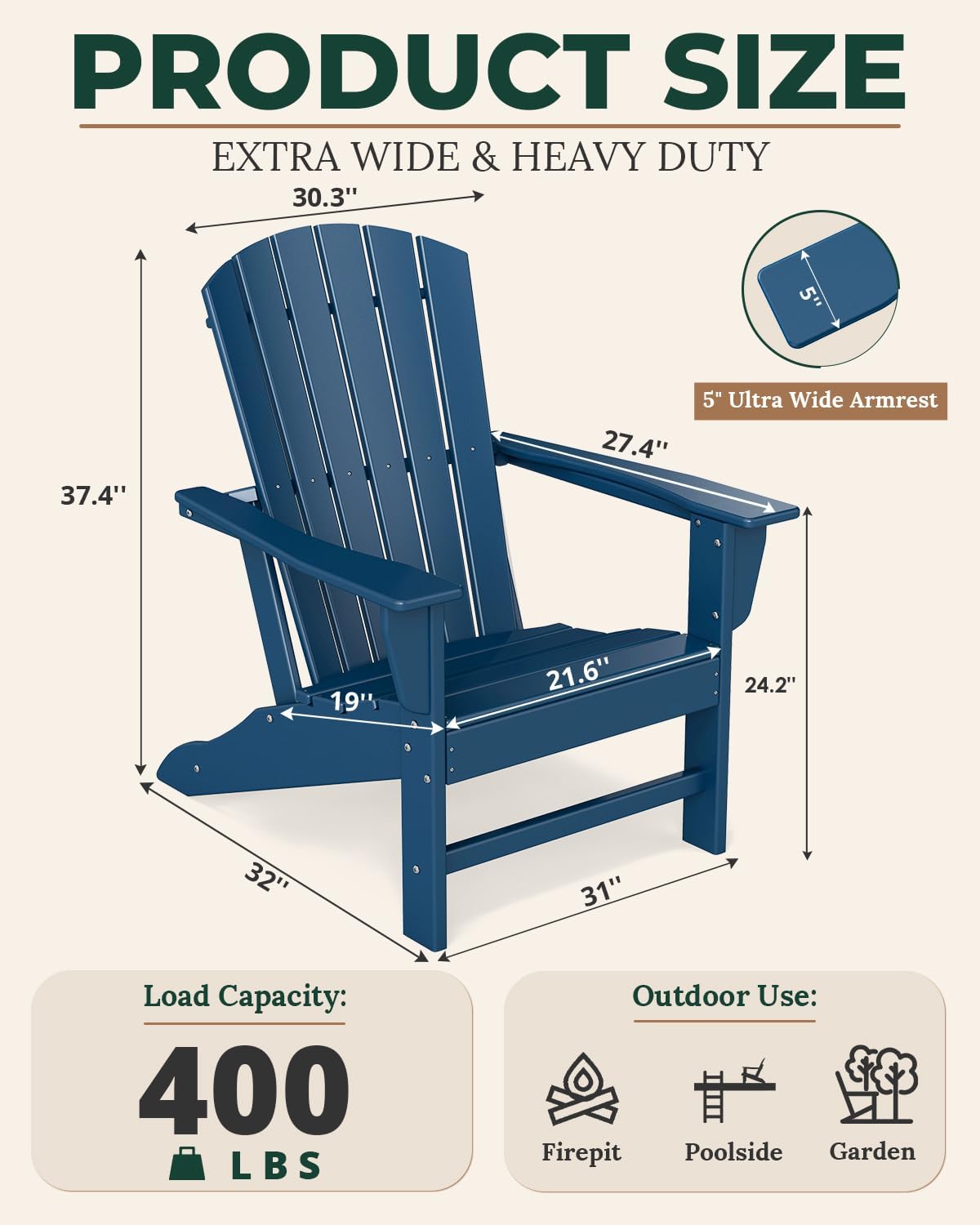 BRIOPAWS Adirondack-Chairs-Set of 2 | Fire Pit Chair | Oversized | HDPE Plastic | Weather Resistant | for Deck Outdoor Poolside Campfire | Blue