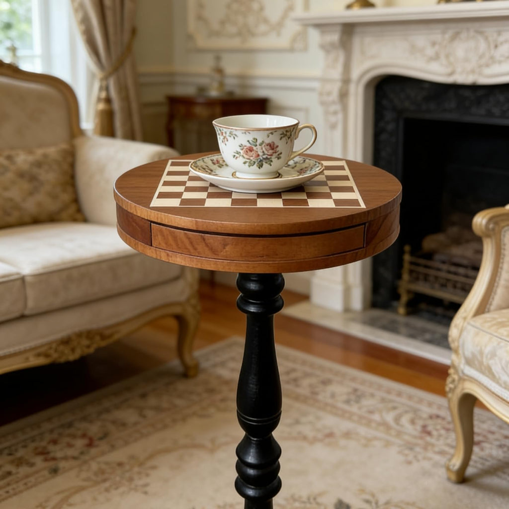 International Chess Small Side Table with Drawer, Round Solid Wood Retro Style Side Table, Suitable for Living Room, Bedroom, Corner, Game Small Table.Coffee Table. (Black)