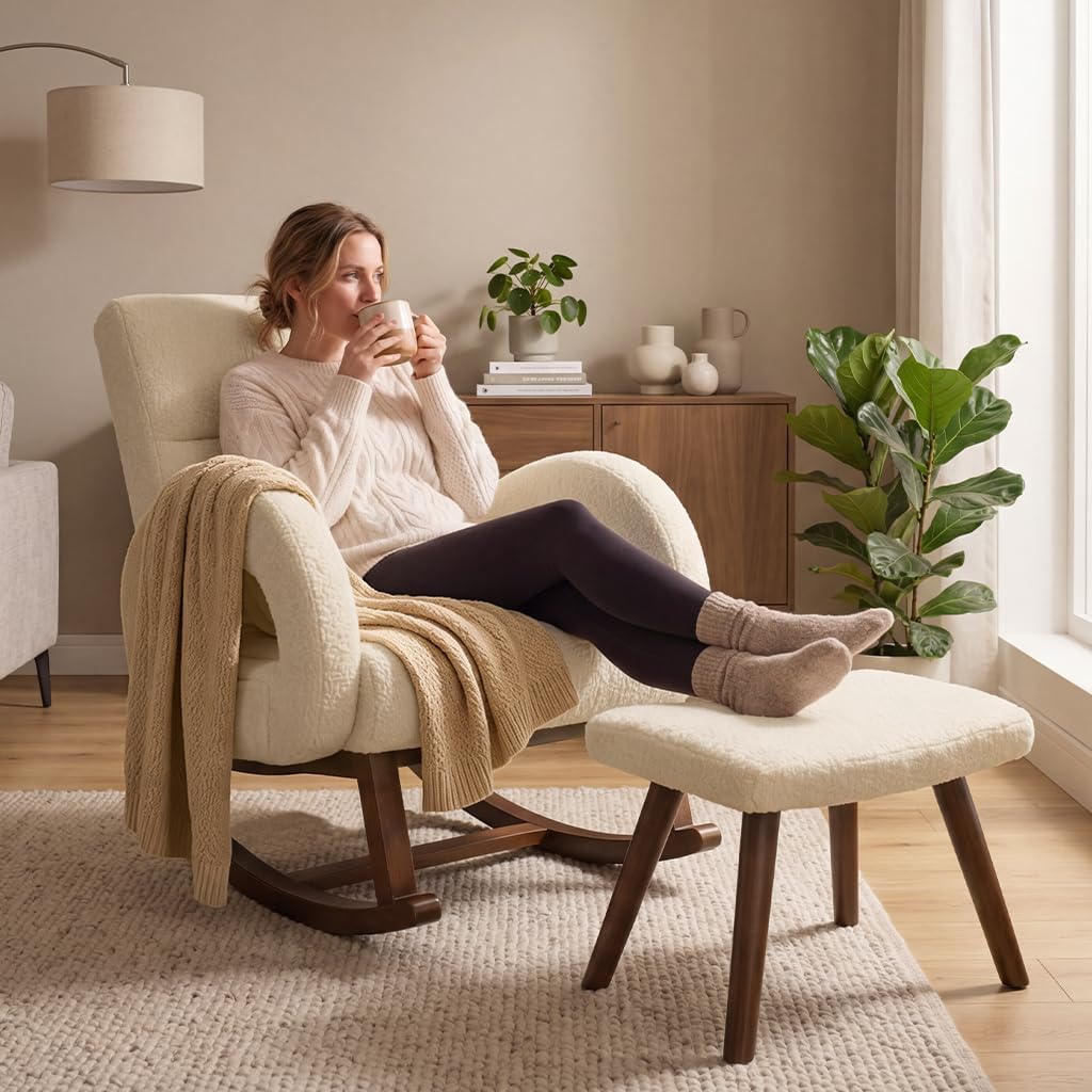 COMHOMA Rocking Chair Nursery with Ottoman,Boucle Teddy Fabric Glider Rocker with High Backrest&Lumber Pillow,Modern Upholstered Accent Armchair with Solid Wood Legs (Beige, Boucle)