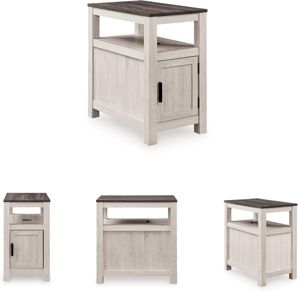 Signature Design by Ashley Fendenmore Farmhouse Chairside End Table with Storage and USB Ports, Gray & White