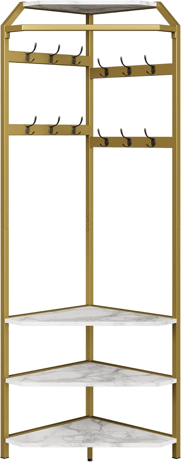 Corner Coat Rack Freestanding, 50x50x180cm Gold Metal Hall Tree with Storage Shelves & Hooks, Space-Saving 90° Corner Garment Rack for Entryway, Bedroom, Hallway, Office