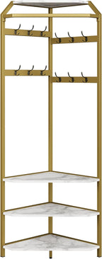 Corner Coat Rack Freestanding, 50x50x180cm Gold Metal Hall Tree with Storage Shelves & Hooks, Space-Saving 90° Corner Garment Rack for Entryway, Bedroom, Hallway, Office