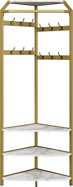 IDEALHOUSE Corner Coat Rack With Shoe Bench and 6 Double Hooks, Corner Hall Tree - Clothes Rack With Storage Hall Tree With Organizer Shelf for Entryway, Hallway, Closet (02-Gold)