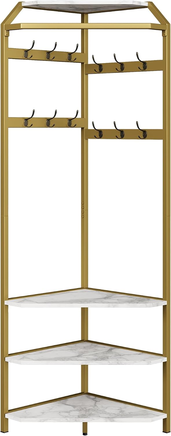 IDEALHOUSE Corner Coat Rack With Shoe Bench and 6 Double Hooks, Corner Hall Tree - Clothes Rack With Storage Hall Tree With Organizer Shelf for Entryway, Hallway, Closet (02-Gold)